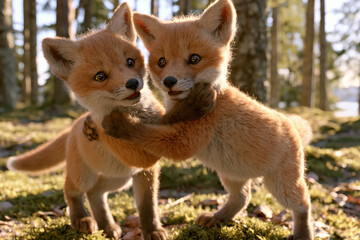 Obraz premium Two adorable baby foxes embracing affectionately in a sun-dappled forest clearing, showcasing their playful bond.