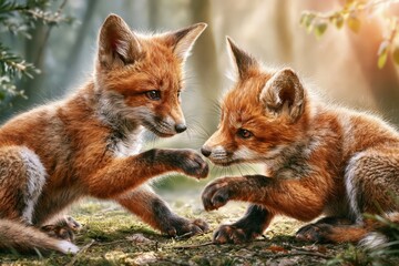 Fototapeta premium Two adorable young red foxes interacting playfully in a sun-dappled forest clearing, showcasing their fluffy fur and curious eyes.