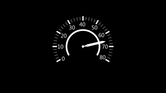 Speedometer gauge showing high speed with clear numbers tick marks and needle pointing animation