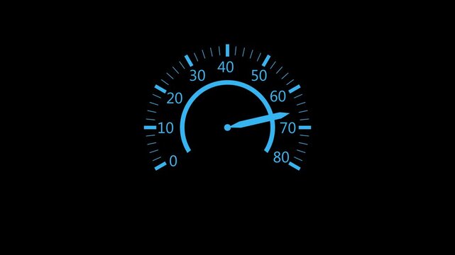 Speedometer gauge showing high speed with clear numbers tick marks and needle pointing animation