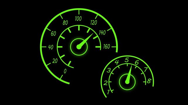 Speedometer and tachometer gauge dials showing motion speed and automotive control animation