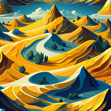 Pattern, seamless design, desert, dunes, hills, sand, palm trees, bushes, rapids, waves, clouds, cyclicality, multi-structure, constructiveness, graphic repetition, singularity, geometric repetition, 