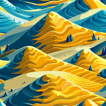 Pattern, seamless design, desert, dunes, hills, sand, palm trees, bushes, rapids, waves, clouds, cyclicality, multi-structure, constructiveness, graphic repetition, singularity, geometric repetition, 