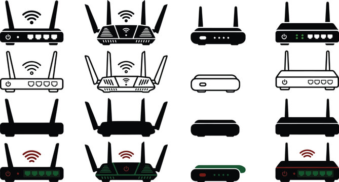 Silhouette style various wireless routers and modems on white background
