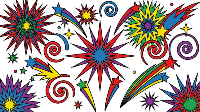 Colorful vector fireworks and shooting stars on white background