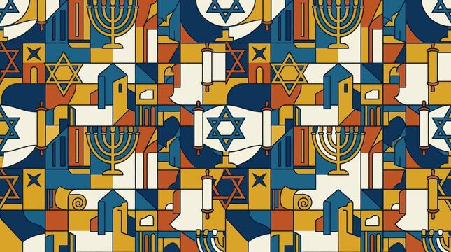 Seamless pattern featuring menorahs, Torah scrolls and Stars of David in a colorful, abstract design