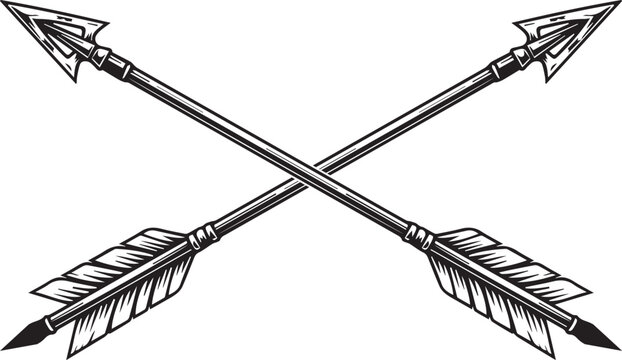 Hunting archery vector illustration set featuring crossed arrows, single arrow with broadhead, and modern compound bow isolated on white background.