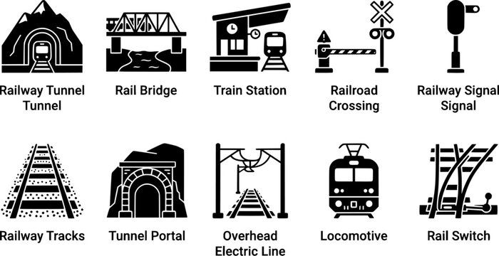 Vector silhouette illustration of a train moving through a dark railway tunnel portal carved deep inside a rugged mountain side, isolated on a white background.