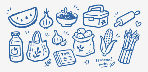 Fototapeta premium Seasonal fresh grocery doodle vector illustration with blue hand drawn organic food and market icons