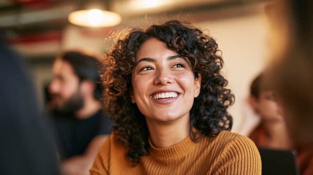 Joyful African-American Woman Smiling at the Camera in a Professional Setting, with Blurred Background of People.