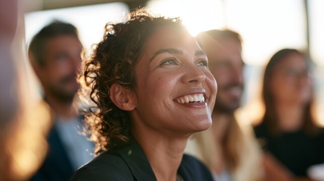 Smiling Woman in Business Attire at an Event, Sunlight on Her Face.