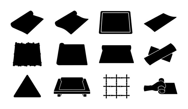 12 Black Silhouette Icons: Mats, Rugs, and Flooring Textures, Vector Graphics for Interior Design and Home Decor Concepts
