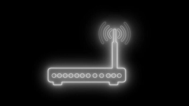Glowing wireless router icon on a black background with signal waves, simple modern technology symbol animation