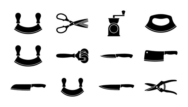 Kitchen Utensils Vector Icons Set: Cooking Tools, Food Preparation Equipment, Culinary Gadgets, Chef Knives, Meat Grinder, Scissors, Choppers, Black Silhouettes on White Background