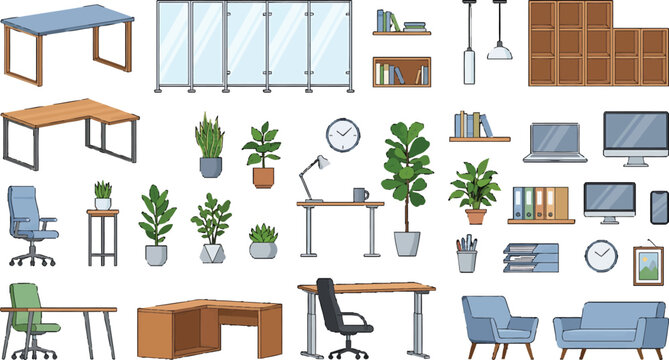 Modern office furniture and workspace equipment collection featuring desks chairs plants and electronic devices in vector style