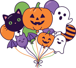 Naklejka premium Cute halloween balloons bunch with pumpkins cats ghosts and bats