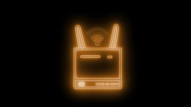 Glowing neon icon of a wifi router with antennas on a black background animation