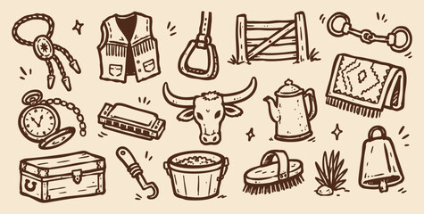 Fototapeta premium Wild west cowboy doodle icon set vector illustration with hand drawn ranch tools and western elements