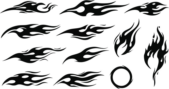 Flame decal silhouettes with black tribal fire shapes, sharp racing blaze graphics and curved burning icons for motorcycle stickers, automotive tuning, tattoo and logo design