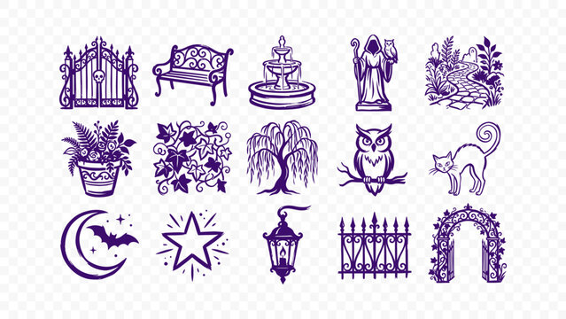 haunted mansion estate fountain gargoyle spooky doodle handmade ink scribble flat line art vector illustration icon bundle set calligraphy drawing design mystery estate