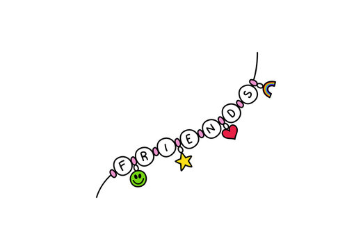 Illustrated friendship bracelet with friends slogan, smile, star, heart and rainbow charms with transparent background