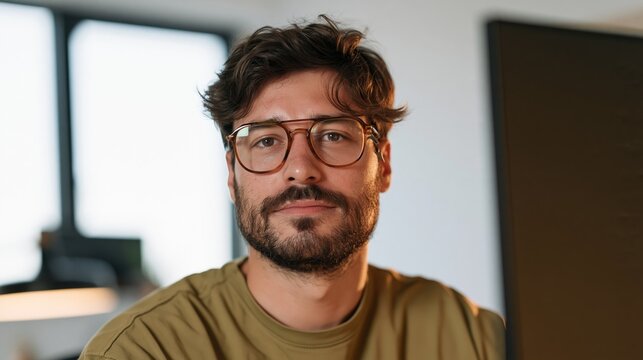 Young Man with Glasses, Beard, and Short Hair, Posing for a Portrait in an Office Setting