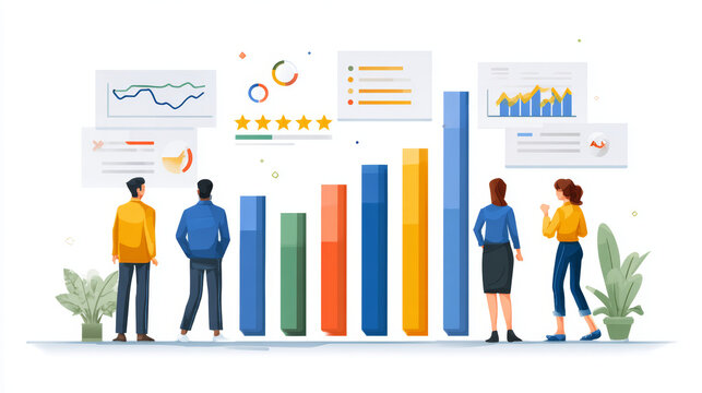 Team performance comparison chart with bar graphs, rating stars, and analytics elements, modern HR concept, white BACKGRAUND.