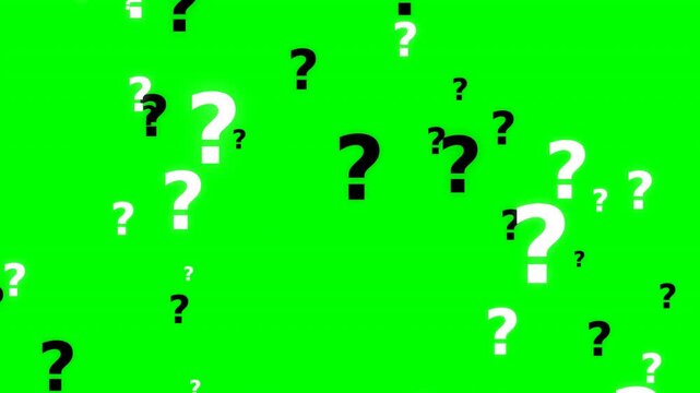 Dynamic motion of numerous question marks on vibrant green background for abstract digital design.