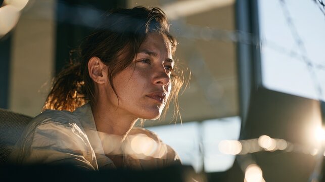 Contemplative Woman Looking Out Window in Indoor Setting