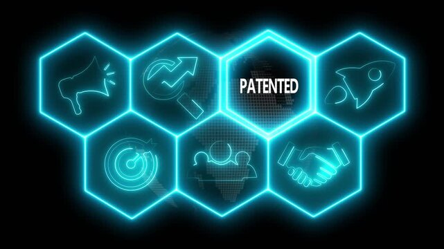 Business Patented concept animated on abstract technology background with rotating world map icon. Business, Technology, Internet and networking concept.