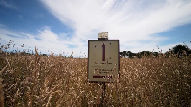 Signs along the hiking trail at Point Cabrillo Lighthouse inform visitors about tick infestation in Mendocino California