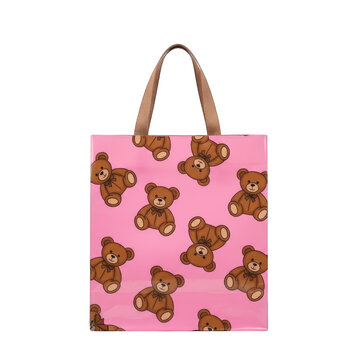 Pink teddy bear tote bag, brown leather handles, cute shopping bag, colorful accessory