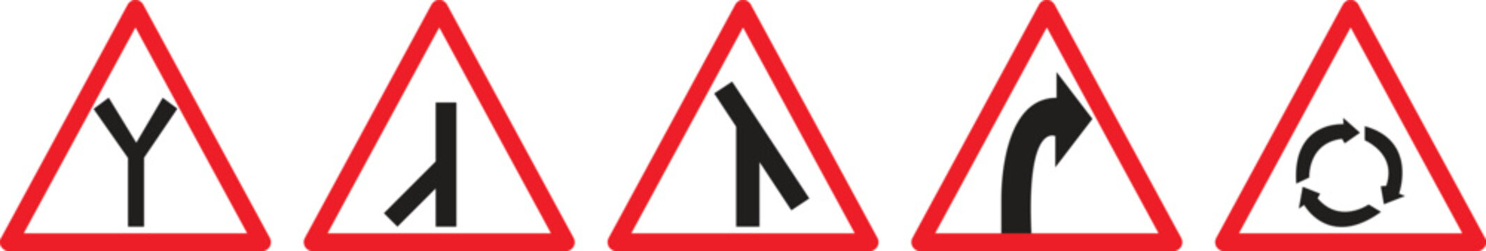 Five road direction warning signs in red triangles