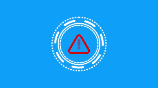 Exclamation Mark Warning Symbol within Futuristic Digital Circle on animated blue Background 4K video animation.