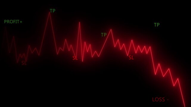 Falling stock market graph with downward trend arrows on digital display. financial stock chart with jagged red line and descending stock graph dark grid background