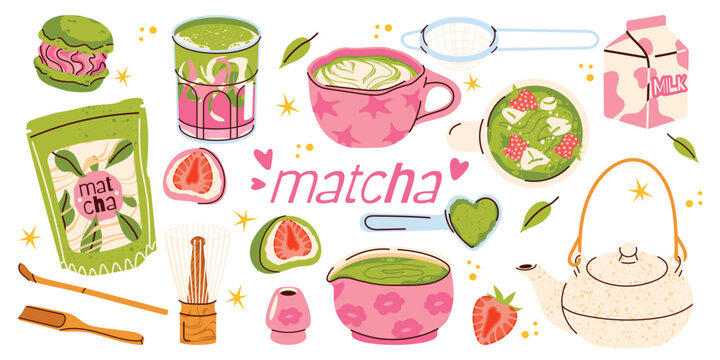 Cute matcha tea vector collection with traditional tea tools, whisk, bowl, cup, teapot, bamboo scoop, matcha powder, desserts, sweets and cozy Japanese drink accessories.