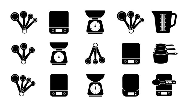 Kitchen Measuring Tools Collection: Digital Scales, Measuring Spoons, and Cups Vector Icons for Cooking and Baking