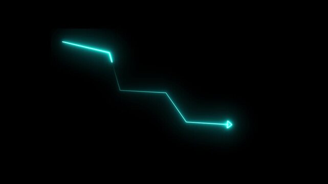 Glowing red neon downward graph with arrow indicating decline, loss, and negative trends on a dark, abstract background, perfect for conveying risk,4k video