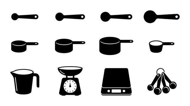 Kitchen Measuring Tools Vector Icons: Measuring Spoons, Cups, Scales, and Jugs for Baking and Cooking