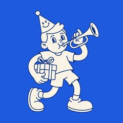 Cute Boy Celebrating Birthday with Trumpet and Gift Box Line Art © CISKEK HERE