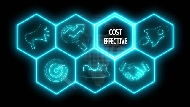 Business Cost effective concept animated on abstract technology background with rotating world map icon. Business, Technology, Internet and networking concept.