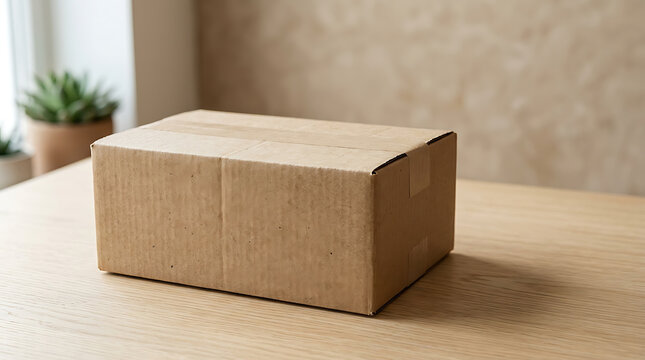 Closed brown cardboard shipping box sitting on a wooden table indoors