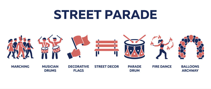 Street parade icon set with marching band and performers. Festive celebration vector graphic elements.