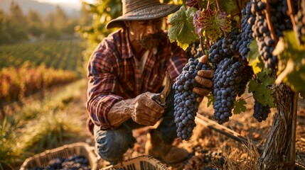 Obraz premium Vineyard worker cutting a heavy dark purple wine grape cluster from a vine in warm golden autumn light. Concept of grape harvesting.