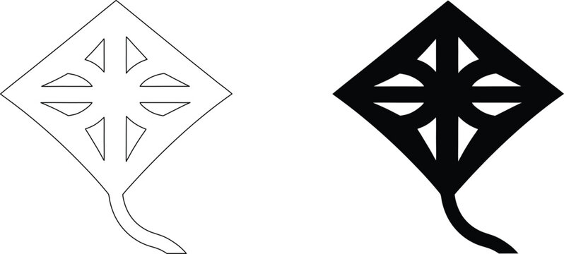 Kite toy silhouette icon featuring matching black shape and thin linear outline design elements on transparent background.