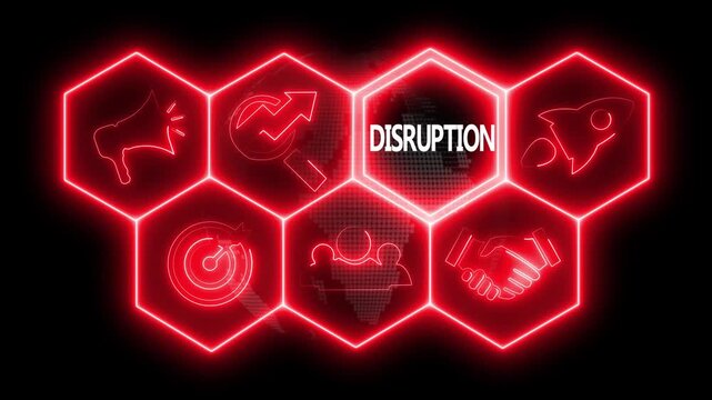 Business Disruption concept animated on abstract technology background with rotating world map icon. Business, Technology, Internet and networking concept.