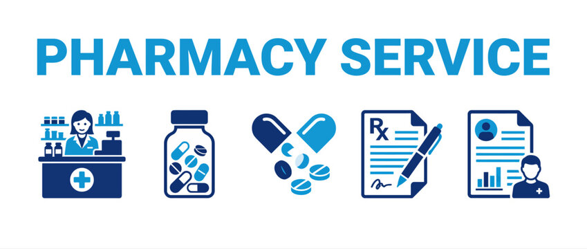Pharmacy services and healthcare professional assistance illustration. Medical consultation, prescription, and medication management vector icons f...