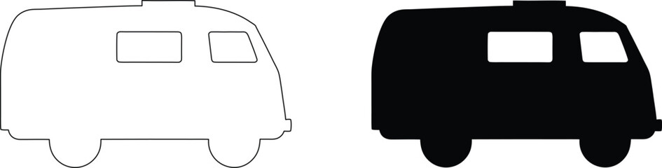 Outline and solid black silhouette of camper van or caravan isolated on transparent background for travel and road trip themes. © nidrarani