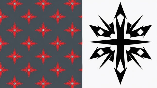 Black geometric star shape icon and a red patterned background design