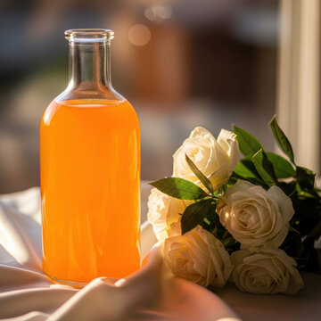 Glass bottle with orange juice and white roses on a table